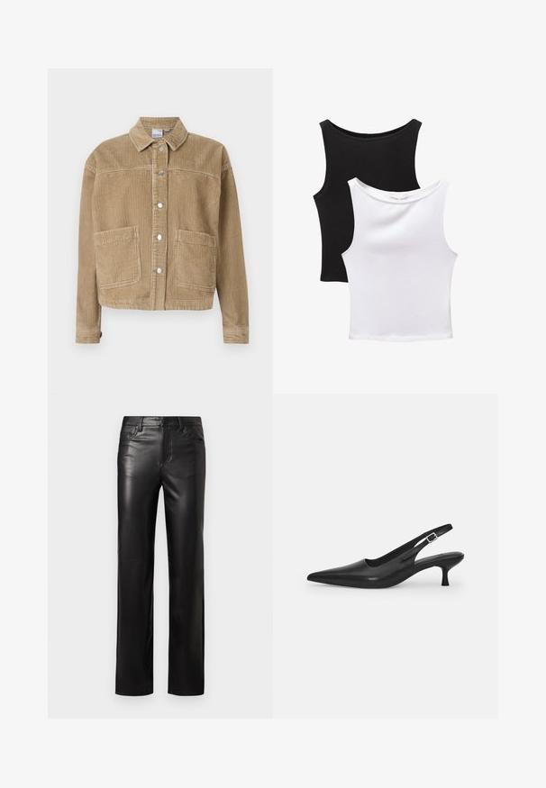 Brun kordjacka med krage, knäppning framtill, två framfickor och ribbad textur.; Två ärmlösa toppar i svart och vitt, tillverkade av bomull. Har rundade halsringningar och en figurnära design med slät textur.; Svarta läderbyxor med rak passform, med knappstängning och framfickor. Slät textur med subtila sömdetaljer.; Svart läder slingback-sandalett med spetstopp och en smal, böjd klack. Har ett diskret justerbart rem med en metallspänne.