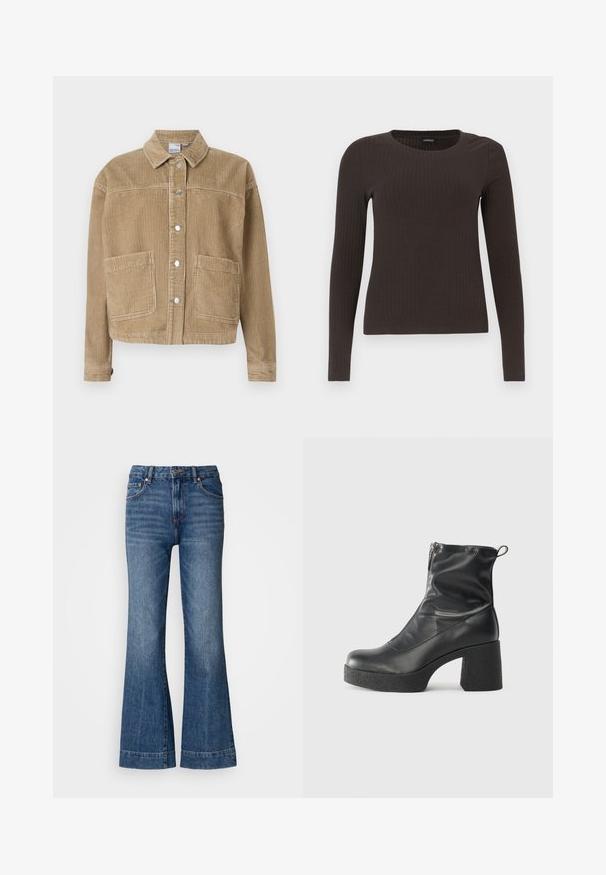 Brun kordfløjljakke med krave, knaplukning, to frontlommer og ribbet tekstur.; Brun langærmet ribbet top med rund halsudskæring. Fremstillet af et glat, strækbart materiale, med en tætsiddende silhuet og minimalistiske detaljer.; Udståede denimjeans i mørkeblå. Har fem lommer, bæltestropper og orange syninger. Glat tekstur med et klassisk pasformdesign.; Sorte ankelstøvler lavet af glat læder, med en sidelukning, kraftig struktureret hæl og rundt tådesign.