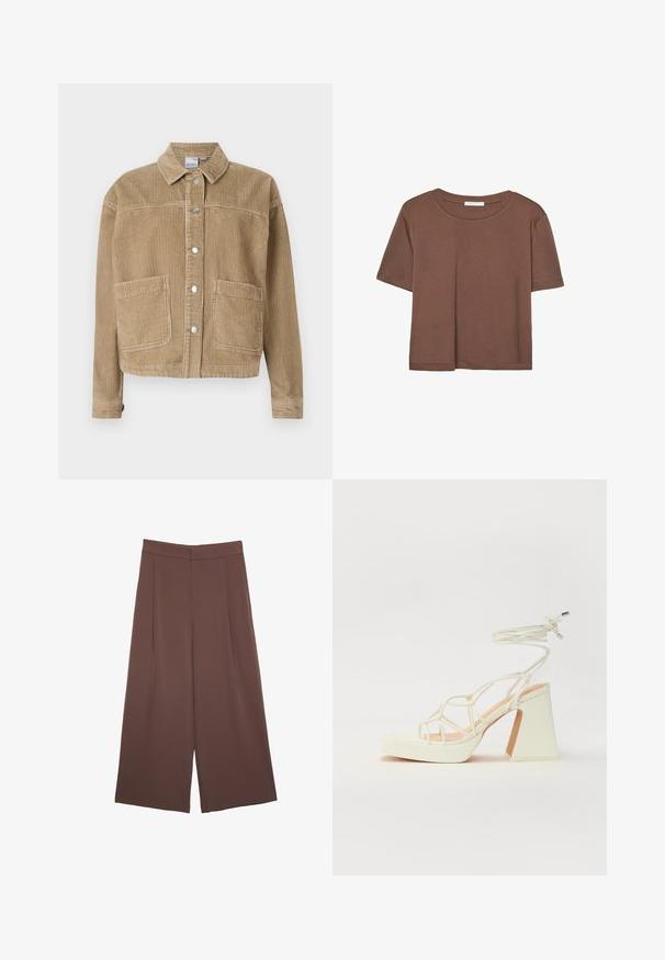Smešani žuti kord jakna s ovratnikom, kopčanjem sprijeda, dva prednja džepa i rebrastom teksturom.; Smeđi kratki rukav majica od mekog materijala, s okruglim izrezom i opuštenim krojem. Nema vidljivih uzoraka ili naglasaka.; Smeđe hlače širokog kroja s glatkom teksturom, koje imaju visok struk i nabore sprijeda. Tkanina je lagana i slobodno se kreće.; Bijela sandala na visokoj potpetici s debelim petom, s remenom i vezanjem oko gležnja. Glatka tekstura s platformom sprijeda za dodatnu visinu.