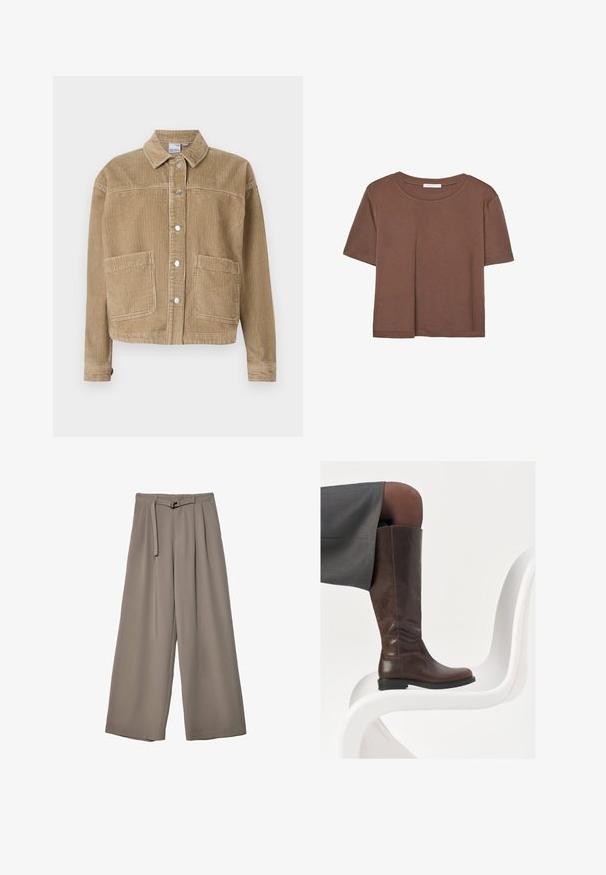 Braune Cordjacke mit Kragen, Knopfleiste, zwei vorderen Taschen und gerippter Textur.; Braunes, kurzärmliges T-Shirt aus weichem Material mit rundem Halsausschnitt und lockerer Passform. Keine sichtbaren Muster oder Akzente.; Weite Hose aus einem weichen, gedämpften grauen Stoff, mit einem taillierten Bund und Falten für zusätzliche Design-Details. Glatte Textur, keine Muster.; Braune Lederstiefel bis zum Knie mit abgerundeter Spitze, glatter Oberfläche und minimalen Nähten, vor einem hellen Hintergrund auf einem weißen Stuhl.