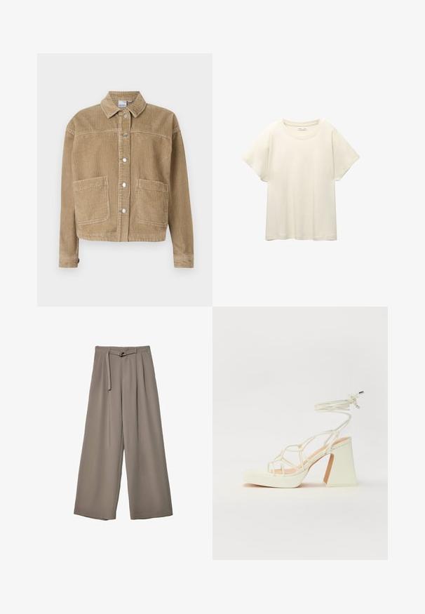 Braune Cordjacke mit Kragen, Knopfleiste, zwei vorderen Taschen und gerippter Textur.; Helles beige T-Shirt mit kurzen Ärmeln und Rundhalsausschnitt, aus weichem, glattem Stoff gefertigt. Verfügt über eine lockere Passform und einen geraden Saum.; Weite Hose aus einem weichen, gedämpften grauen Stoff, mit einem taillierten Bund und Falten für zusätzliche Design-Details. Glatte Textur, keine Muster.; Weiße High-Heel-Sandale mit einem klobigen Absatz, die über ein Riemchendesign und ein Knöchelband verfügt. Glatte Textur mit einer Plattform vorne für zusätzliche Höhe.
