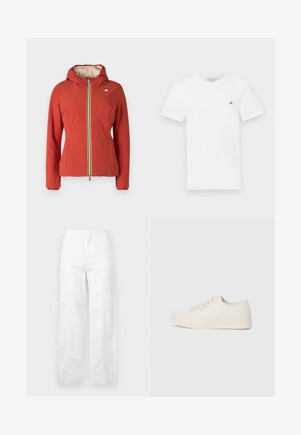 K-Way REVERSIBLE WARM DOUBLE - Lahka jakna - red/pink; Bela bombažna majica s kratkimi rokavi in okroglim izrezom. Na levi strani prsnega koša je majhna črna "ck" ikona. Gladka tekstura.; Bela široka hlače iz lahkega materiala, ki se ponašajo z gladko teksturo, čistimi linijami in visokim pasom.; Tenisice iz off-white platna, z nizkim dizajnom, okruglim prstom in ravnim gummy podplatom z nevsiljivo šivano podrobnostjo.