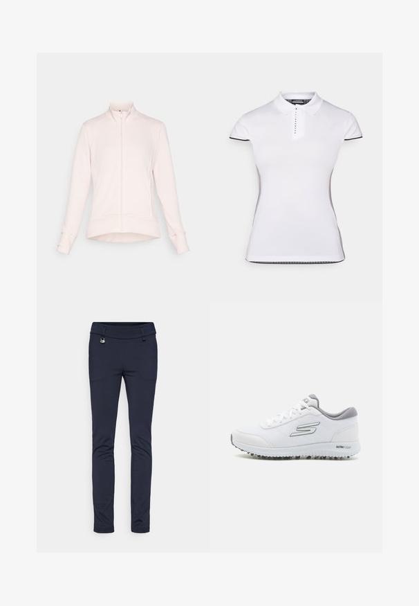 adidas Golf WOMEN'S ULTIMATE365 TEXTURED - Träningsjacka - sanpin; Vit pikétröja med korta ärmar, krage och knäppning fram. Svarta detaljer på ärmar och sid sömmar. Mjuk och slät textur.; Mörkblå skräddarsydda byxor i stretchn material, med en mjuk textur, framfickdetaljer och en metallknapp som accent.; Vita idrottsskor med en strukturerad mesh-ovandel, silverdetaljer och en lätt sula med små greppknoppar, märkta "ULTRA FLIGHT."