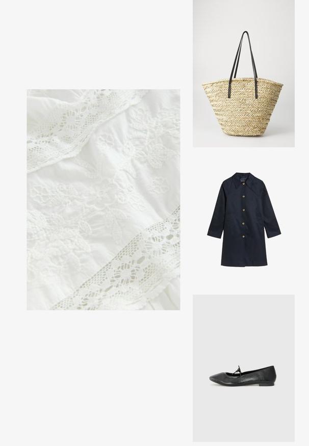 Impermeable azul marino con cuello, cierre de botones en la parte delantera y dos bolsillos laterales. Fabricado con un material suave, presenta botones de latón y un corte recto.; Tejido blanco con intrincados bordados florales y delicados bordes de encaje. Textura suave con elementos de diseño en capas a lo largo de toda la superficie.; Bailarinas de cuero negro con punta afilada, superficie texturada y un pequeño lazo decorativo en el empeine. Tacón bajo y plano.; Bolso de mano de paja trenzada con una forma ancha y acampanada, que cuenta con dos asas de cuero negro. Color beige natural con una superficie texturizada.