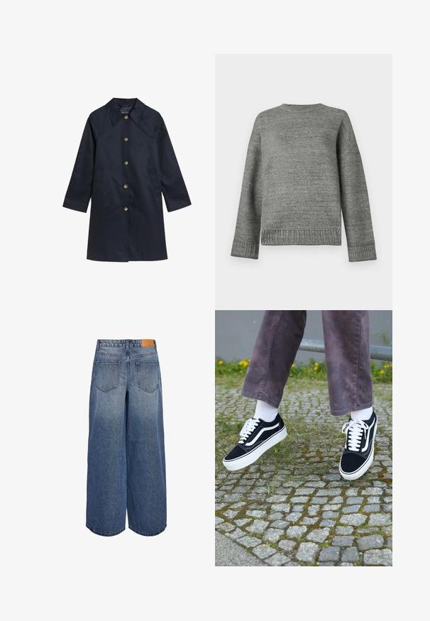 Mørkeblå regnfrakke med krave, knaplukning fortil og to sidelommer. Fremstillet af et glat materiale, med messingknapper og lige snit.; Grå strikket sweater med rund halsudskæring, sænkede skuldre og ribbede manchetter og kant. Glat tekstur med en ensfarvet overflade og minimal dekoration.; Bredde ben denim culottes i mellemblå vask med en falmet tekstur, der har to baglommer og et brunt lædermærke på taljen.; Sorte ruskinds sneakers med hvide accenter, med rund tå, tyk hvid sål og klassisk snørebåndsdesign, båret med hvide sokker og lilla bukser.