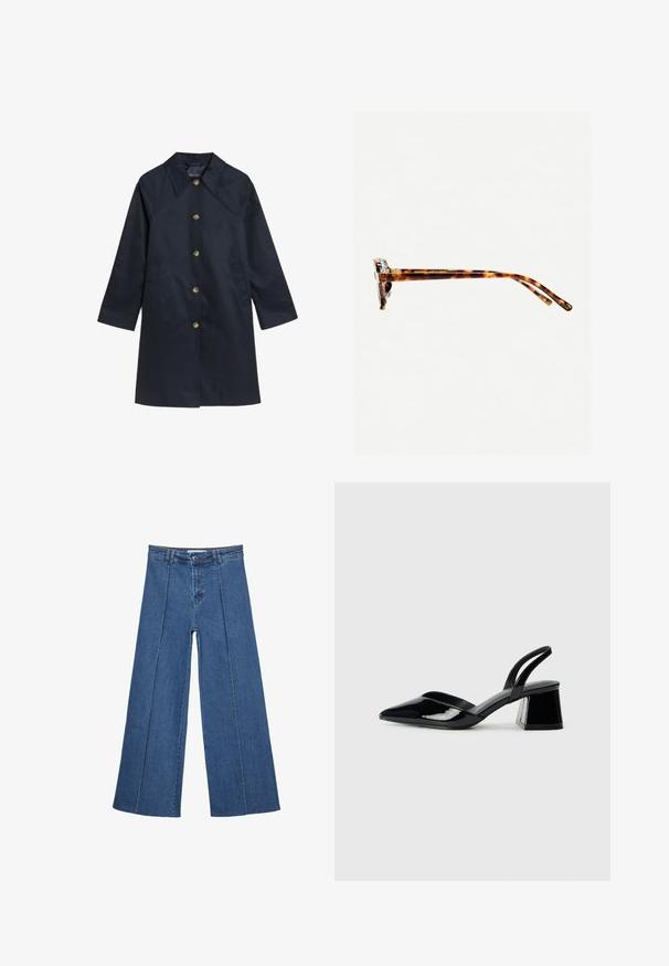 Námorně modrý deštník s límcem, zapínáním na knoflíky a dvěma bočními kapsami. Vyrobeno z hladkého materiálu, s mosaznými knoflíky a rovný střih.; Bílý tričko vyrobené z měkké, lehké tkaniny. Má kulatý výstřih a krátké, široké rukávy s uvolněným střihem. Bez viditelných vzorů.; Džíny s širokými nohavicemi v středně modré barvě, se zvýšeným pasem, knoflíkovým zapínáním a kontrastními vertikálními švy vpředu.; Černé lakované kožené lodičky na pásku s špičatou špičkou a geometrickým blokovým podpatkem. Vyznačují se elegantním, minimalistickým designem a hladkým povrchem.; Sluneční brýle v želvovinovém designu s tlustým rámem, mírně zakřivenými spánky a hladkým povrchem. Klasický design s lesklým finišem.