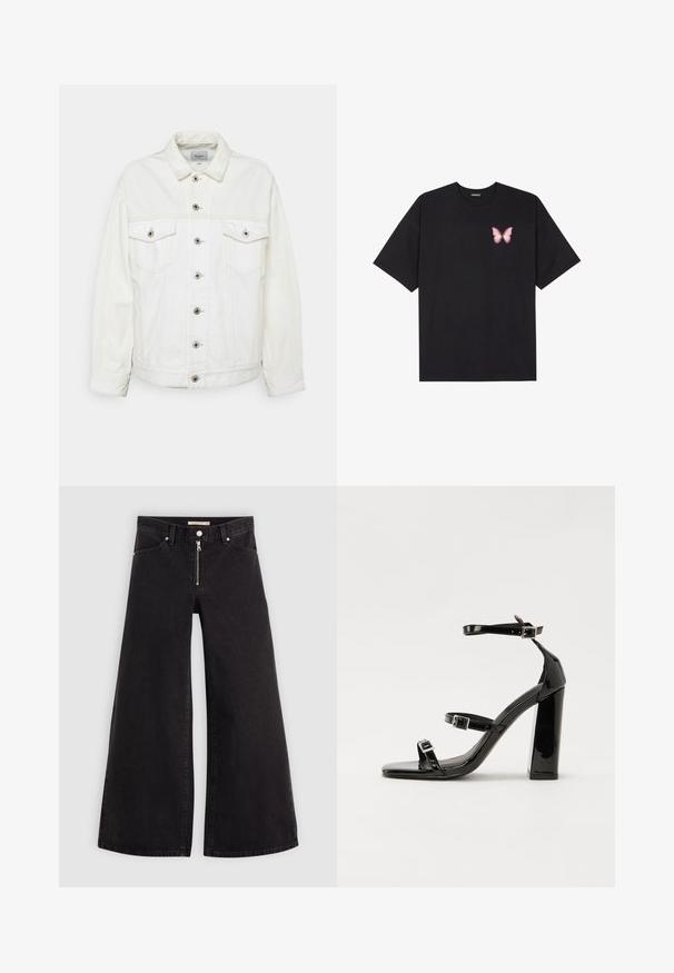 Vit denimjacka med klassisk krage, knappstängning fram, två bröstfickor och ljusa sömnadsdetaljer. Justerbara ärmslut och rak passform.; Svart bomullströja med korta ärmar, med en liten rosa fjärilsgrafik på vänster bröst. Rundad halsdesign med en avslappnad passform.; Breda jeans i svart denim med dragkedja fram, femfickorsdesign och subtila sömdetaljer. Slät textur och avslappnad stil.; Svarta lackerade klacksandaler med fyrkantig tå, ankelremmar och silverfärgade spännen. Har en kraftig blockklack för stabilitet.