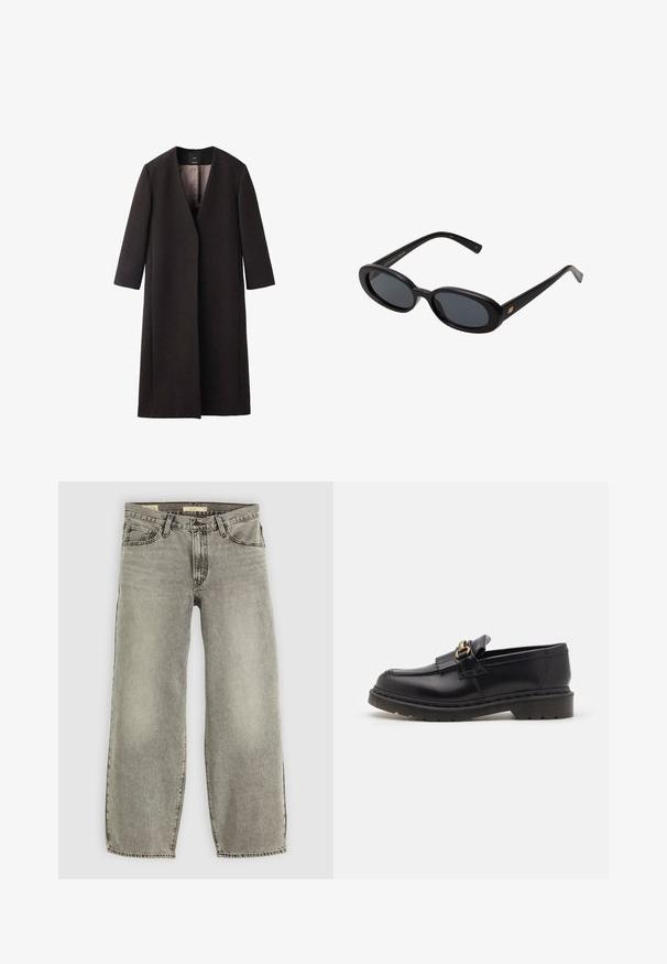 Langer, dunkelbrauner Mantel mit V-Ausschnitt, geradem Schnitt und Dreiviertelärmeln. Glatte Textur mit minimalistischem Design und ohne sichtbare Beschläge.; Weiße übergroße T-Shirt aus Baumwolle, mit kurzen Ärmeln, einem runden Halsausschnitt und einem geraden Saum ohne Muster oder Akzente.; Helle graue, weite Jeans aus Denim. Verfügt über die traditionelle Fünf-Taschen-Optik und leichte Ausbleichungen im gesamten Stoff.; Schwarze Lederloafers mit runder Zehenform, dekorativem Fransenbesatz und goldenen Hardware-Akzenten. Dicke Gummisohle für zusätzlichen Halt und Strapazierfähigkeit.; Schwarze, oversized Sonnenbrillen mit ovalen Gläsern, glattem Kunststoffrahmen und goldenen Akzenten an den Bügeln. Die dunklen Gläser bieten Sonnenschutz.