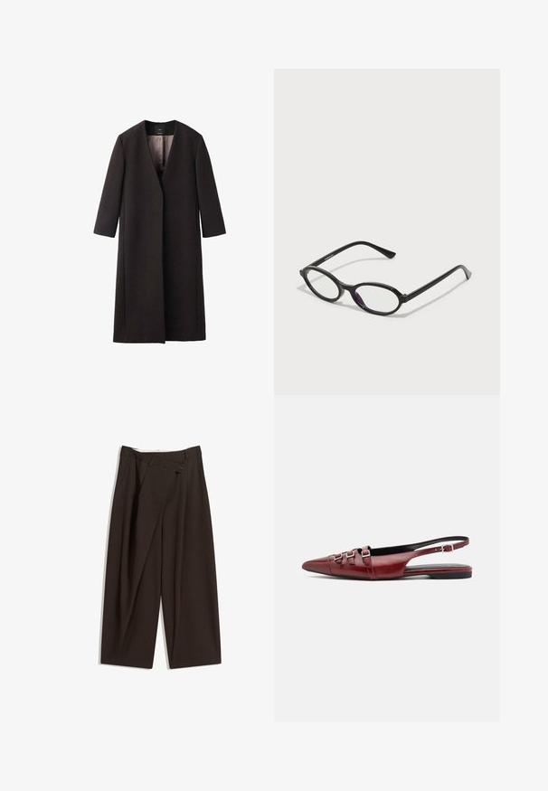 Lang, mørkebrunt frakke med V-udskæring, lige snit og trekvartærmer. Glat tekstur med minimalistisk design og ingen synlig hardware.; Lys grå langærmet t-shirt lavet af blød bomuld. Har en løs pasform, rund halsudskæring og let indsamlede manchetter. Ingen mønstre eller grafikker.; Mørkebrune brede bukser med høj talje, udstyret med en enkelt knaplukning og en plisseret front. Lavet af letvægtsstof.; Rød læder slingback sko med spids tå, flad hæl og to spænde detaljer foran. Glat tekstur og minimalistisk design.; Sorte ovale briller med gennemskinnelige lilla accenter på linserne. Rammen har en mat finish og slanke, lige stænger.