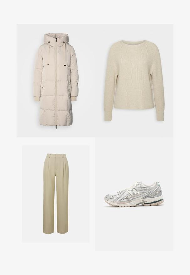 Lang, lys beige polstret frakk med hette, frontglidelås, snor og ribbestrikkede mansjett-detaljer. Glatt tekstur med quiltet design.; Lyserød strikkegenser med rund halsudskæring, raglanærmer og ribbede manchetter. Teksturen er blød med en afslappet pasform og minimal dekoration.; Beige videbukser laget av glatt stoff, med frontbrett, skreddersydd midjebånd og sidelommer. Ren kantfinish.; Løpeskoen har en sølv- og hvit mesh-overdel med grønn aksent. Sålen er tykk og teksturert, designet for demping og støtte.