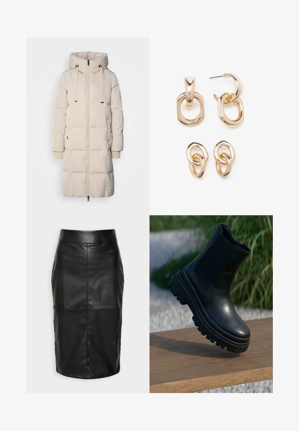 Long, light beige padded coat with a hood, front zipper, drawstring, and ribbed cuff details. Smooth texture with a quilted design.; Light blue, cropped knit sweater with a flat collar and five button closure. Features long sleeves and ribbed texture at the hem.; Black leather skirt with a smooth texture, featuring a high waistband and stitched seams creating an understated, structured shape.; Black leather ankle boot with a chunky sole, elasticated side panels, and a smooth finish. Elevated design with contrasting tread detail.; Gold-toned earrings featuring a mix of geometric shapes: a square, circle, and linked oval designs with a polished finish.