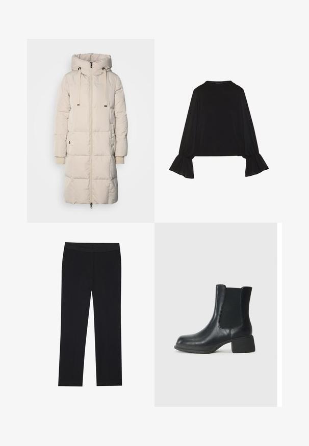 Langer, hellbeigefarbener gepolsterter Mantel mit Kapuze, Frontreißverschluss, Kordelzug und Rippbündchen. Glatte Textur mit einem gesteppten Design.; Schwarz langärmliges Oberteil mit ausgestellt geschnittenen Bündchen, weicher Textur und entspannter Passform, mit einem schlichten runden Halsausschnitt.; Schwarze Hose mit geradem Schnitt, ausgestattet mit seitlichen Taschen und einer glatten Stofftextur. Minimale Details, sauberen Bund.; Schwarze Leder-Stiefelette mit elastischen seitlichen Einsätzen, runder Zehenpartie und niedrigem Blockabsatz. Die Oberfläche hat eine glatte Textur und minimalistische Details.