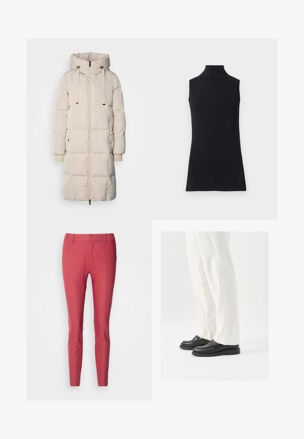 Palton lung, bej deschis, căptușit, cu glugă, fermoar frontal, șnur și detalii cu manșete ribbate. Textură netedă cu un design matlasat.; Top fără mâneci, de culoare neagră, confecționat dintr-un material neted. Design ajustat cu guler înalt și tiv drept, minimalist și de culoare solidă.; Mos Mosh NIGHT - Pantaloni - garnet; Mocasini din piele neagră cu o textură netedă, detalii cusute și vârf rotunjit, asortați cu pantaloni albi, croiți.