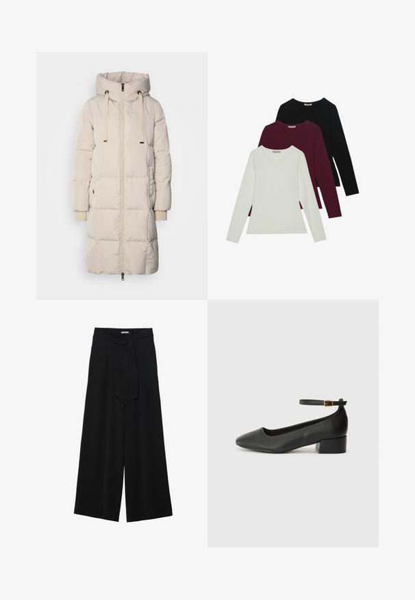 Lang, lys beige polstret jakke med hætte, frontlynlås, snoretræk og ribbede manchetter. Glat tekstur med en quilted design.; Langærmede T-shirts i hvid, bordeaux og sort. Lavet af blødt stof med rund halsudskæring og tætsiddende design. Velegnet til lag-på-lag.; Sorte vide bukser i en tekstureret stofkvalitet, med elastisk talje og et aftageligt bånd i taljen for justerbar pasform.; Sorte læderpumper med spids tå og en lav blokhæl. Har en ankelrem med en guldfarvet spænde. Glat tekstur.
