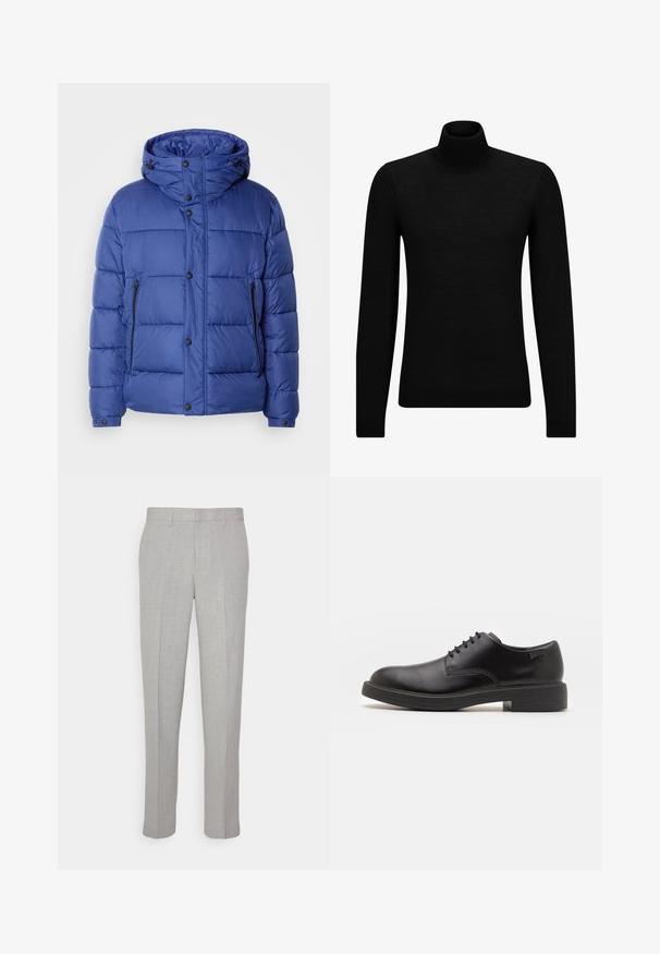 Casaco puffer azul com gola alta, fecho de botão à frente, dois bolsos laterais com zíper e capuz com cordões ajustáveis.; Pulôver de gola alta preto, feito de material suave, com mangas longas e ajuste justo. Acabamento canelado na barra e punhos. Design simples.; Calças cinza claro com uma textura suave, frente lisa e pernas rectas. Feitas de um tecido respirável, com bolsos internos e passantes para cinto.; Sapatilha preta em couro, com atilhos, ponta arredondada, textura suave, costura mínima e um salto baixo em borracha. Logotipo no calcanhar.