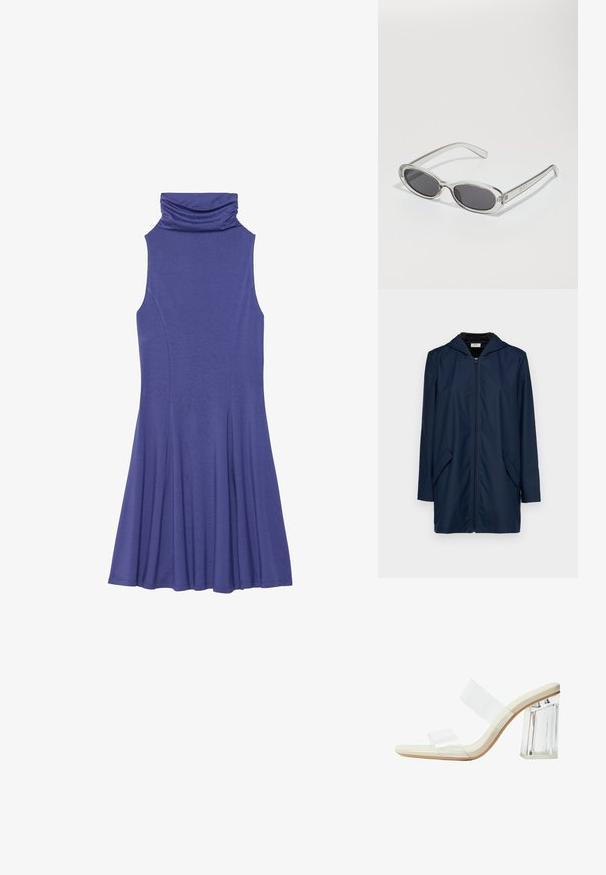 Mornarsko modra vodoodporna jakna s kapuco, z zadrgo spredaj, dvema stranskima žepoma in sproščenim krojem. Gladka tekstura in lahka zasnova.; Suknja brez rokavov v vijolični barvi s stoječim ovratnikom, prilegajočim zgornjim delom in razširjenim krilom. Narejena iz mehke teksturirane tkanine s gladkim zaključkom.; Sandelice s prozornimi petami, ki imajo prozorne trakove, bež podplat in masiven prozoren blokasti pet. Elegantna in gladka zasnova z minimalističnim estetskim pristopom.; Sončna očala ovalne oblike, prozoren plastičen okvir, temno sivi leči in tanke prozorne roke z logotipnimi akcenti in minimalnimi detajli.