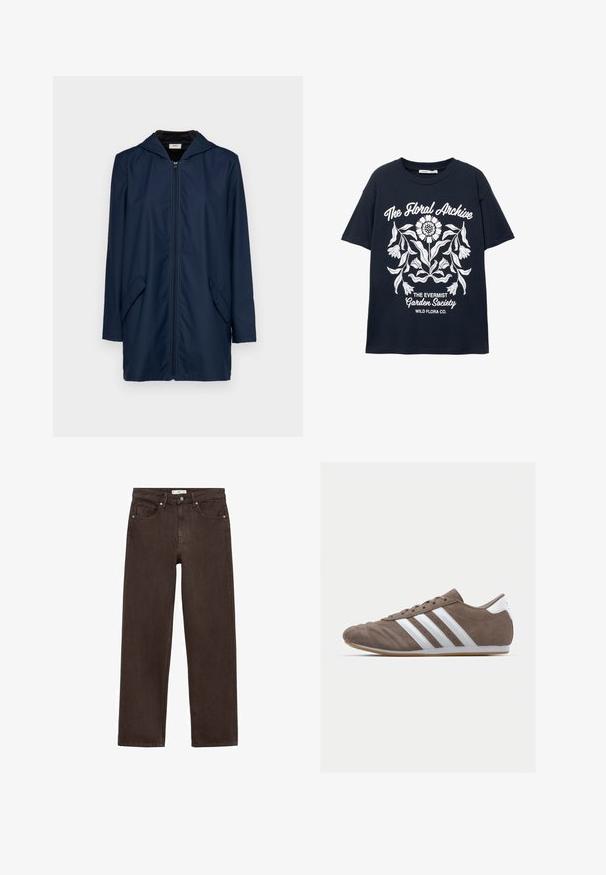 Meriveden valmistettu vedenpitävä takki huppulla, jossa on vetoketjukiinnitys, kaksi sivutaskua ja rento istuvuus. Sileä pinta ja kevyt muotoilu.; Laivastonsininen lyhythihainen t-paita, jossa on valkoinen kukkakuva ja tekstit "Kukkavalikoima", "Ikivihreä Puutarhayhdistys" ja "Villikukkia Oy."; Ruskeat leveälahkeiset farkut, valmistettu denimestä, joissa on klassinen viiden taskun muotoilu, napitus ja hienovaraiset ompeluyksityiskohdat.; Ruskea mokkaboots-urheilujalkine, jossa on valkoiset raidat, pyöreä kärki, nauhakiinnitys ja kumipohja. Teksturoitu päällinen, jossa on ompelutiedot.