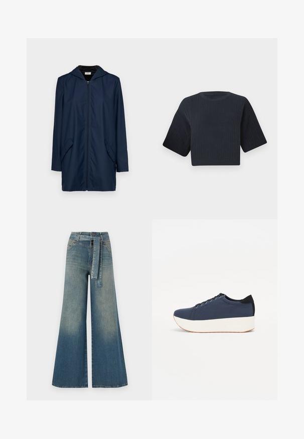 Tengerészkék vízálló dzseki kapucnival, cipzáros elülső záródással, két oldalsó zsebbel és laza szabással. Simán tapintható anyag és könnyű dizájn.; Sötét tengeri kék, rövid fazonú, kötött pulóver bordás textúrával, rövid, széles ujjal és kerek nyakkivágással. Egyszerű dizájn, nincsenek látható minták vagy díszítések.; Bőszárú farmernadrág, világos és sötétkék árnyalatokkal, magas derekú, övgyűrűkkel és a nadrággal megegyező anyagú övvel. Textúrált farmer kivitel.; Sötétkék sportcipő, texturált szövet felsőrész, fehér platform talp, lekerekített orr és fekete sarok akcentussal. Hat fűzőlyuk található rajta.