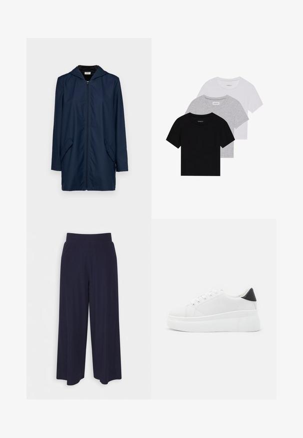 Navy blå vanntett jakke med hette, med glidelås i front, to sidelommer og avslappet passform. Glatt overflate og lett design.; Sett med tre kortermede t-skjorter i svart, grått og hvitt. Laget av bomull, med rund hals og en enkel, ensfarget design.; Bredde bukser i mørk marineblå stoff med ribbet tekstur. Har en glatt midje og en luftig silhuett, som når midt på leggen.; Hvite plattform sneakers laget av glatt syntetisk materiale, med rund tå, snøring og en strukturert gummisåle. Svart hæl akcent.
