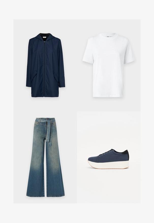 Tamsiai mėlyna atspari vandeniui striukė su gobtuvu, su užtrauktuku priekyje, dviem šoninėmis kišenėmis ir laisvu siluetu. Lygus tekstūra ir lengvas dizainas.; Balta medvilninė marškinėlių suapvalintais kaklais, turinti trumpas rankoves ir lygią tekstūrą. Sukurta su laisvu siluetu, skirtu patogumui ir universalumui.; Platus džinsinis kelnes su šviesiai tamsiai mėlynu gradientu, aukštu juosmeniu, diržo kilpomis ir atitinkančiu audinio diržu. Textūruotas džinsinis paviršius.; Tamsiai mėlynas sportinis batelis su tekstūruotu audiniu viršuje, baltu platformos padu, apvaliu pirštu ir juodu kulno akcentu.š. Yra šešios skylės raišteliams.