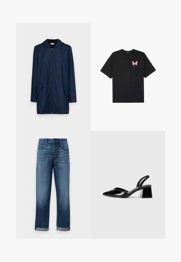 Casaco impermeável azul-marinho com capuz, apresentando um fecho frontal com zíper, dois bolsos laterais e um corte relaxado. Textura suave e design leve.; T-shirt de algodão preto com mangas curtas, apresentando um pequeno gráfico de borboleta rosa no lado esquerdo do peito. Design de gola redonda com um corte solto.; Jeans de denim numa lavagem azul média com um corte reto, apresentando punhos dobrados e um desgaste mínimo. Estilo clássico de cinco bolsos.; Sandy em verniz preto com salto slingback, ponta afilada e salto geométrico. Apresenta um design elegante e minimalista com textura suave.