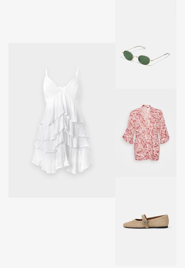 Rote und weiße kimonoartige Jacke mit floralem und rankenartigem Muster, aus leichtem Stoff, offener Vorderseite und dreiviertellangen Ärmeln.; Weißes ärmelloses Kleid mit gerafften Lagen, aus leichtem Stoff mit Lochmuster und zarter Textur. V-Ausschnitt-Design.; Beige Wildleder Mary Jane Ballerinas mit spitzer Zehe und einem verstellbaren Riemen mit einer silbernen Schnalle. Schwarze flache Sohle.; Sonnenbrille mit goldenem Rahmen, grünen ovalen Gläsern und dünnen Metallarmen. Verfügt über klare Kunststoffspitzen an den Armen für zusätzlichen Komfort.