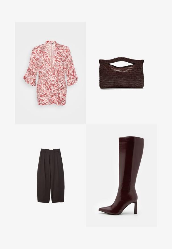 Rote und weiße kimonoartige Jacke mit floralem und rankenartigem Muster, aus leichtem Stoff, offener Vorderseite und dreiviertellangen Ärmeln.; Schwarzer Rollkragenpullover aus leichtem Strickgewebe. Mit langen Ärmeln, taillierter Passform und weichem Ripptextil.; Schwarze weit geschnittene Hosen aus einem glatten Stoff, mit hoher Taille, Frontfalten und Seitentaschen. Schlichtes Design ohne Verzierungen.; Even&Odd Stiefel - dark red; Braune geflochtene Lederhandtasche mit einem abgerundeten Obergriff und einer offenen Silhouette, die eine strukturierte Oberfläche und ein schlankes, minimalistisches Design aufweist.