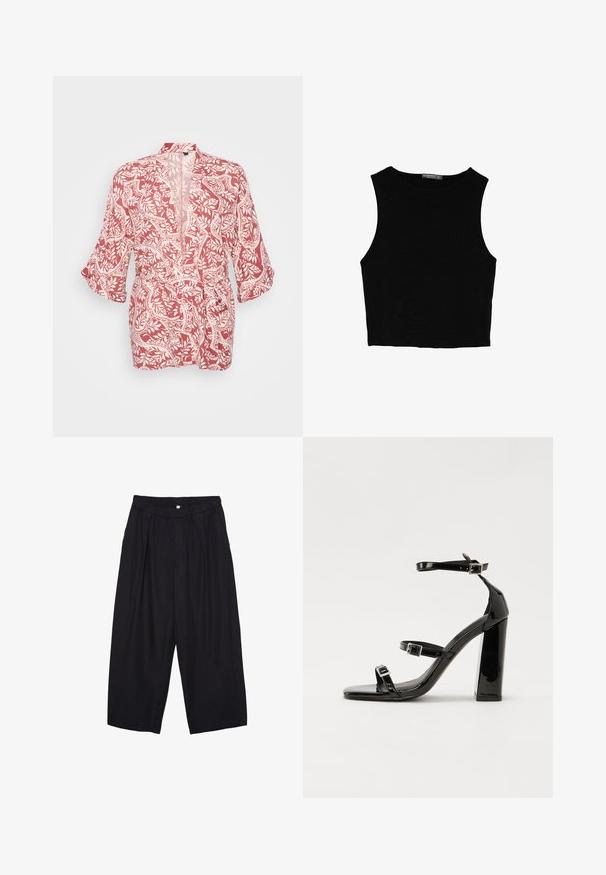 Červený a bílý kimono styl kabát s květinovým a vinným vzorem, lehká tkanina, otevřený přední díl a tři čtvrtinové rukávy.; Černý bezsleeve crop top vyrobený z hladké tkaniny, s kulatým výstřihem a čistým, jednoduchým designem bez vzorů nebo kovových doplňků.; Černé polyesterové culotte kalhoty s elastickým pasem, dvěma předními sklady a volným siluetou. Žádné viditelné vzory ani kovové detaily.; Černé lakované sandály na podpatku se čtveratou špičkou, lýtkovými pásky a stříbrnými přezkami. Disponují masivním blokovým podpatkem pro stabilitu.