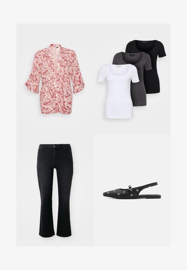 Sarkans un balts kimono stila žakets ar ziedu un vīnogu rakstu, viegls audums, atvērta priekšpuse un trīs ceturtdaļu piedurknes.; Trīs pieguļoši T-krekli baltā, pelēkā un melnā krāsā. Katram ir plaša izgriezuma kakla un īsas piedurknes. Izgatavoti no gluda, elastīga auduma.; Melnas denima džinsas ar vidējo jostas līmeni, priekšējo pogu, divām priekšējām kabatām, divām aizmugurējām kabatām un izplestām kājām.; Melnas slingback kurpes ar smailu purngalu, gludu materiālu, sudraba acs detaļām un sprādzi. Līdzena zole ar minimālu rakstu.