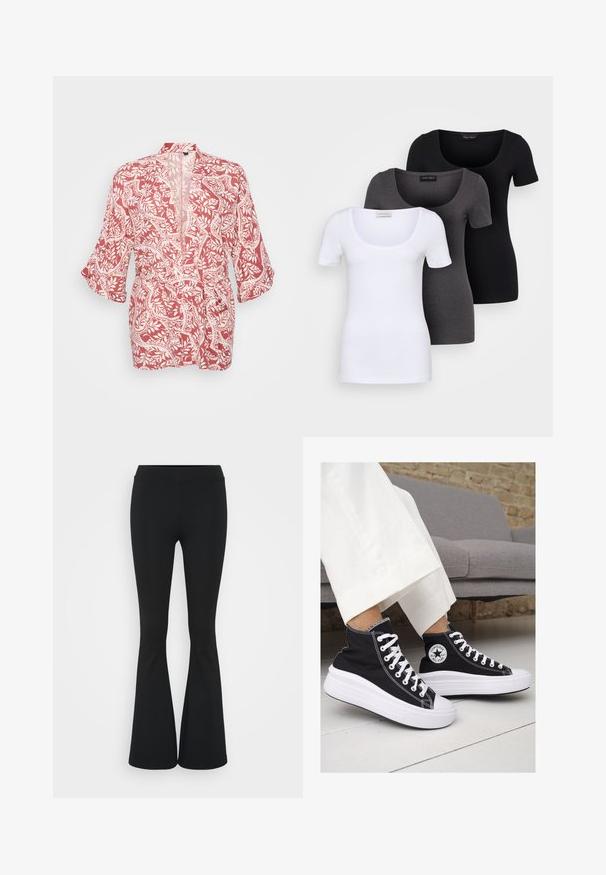 Giacca in stile kimono rossa e bianca con motivo floreale e a vite, in tessuto leggero, con apertura frontale e maniche a tre quarti.; Tre T-shirt aderenti in bianco, grigio e nero. Ognuna presenta un ampio scollo a barca e maniche corte. Realizzate in un tessuto morbido e elastico.; Pantaloni neri a zampa d'elefante realizzati in tessuto elasticizzato, con una vita alta e una superficie liscia. I pantaloni si allargano a partire dal ginocchio.; Sneaker alte nere in tela con suole e lacci bianchi. Presentano un logo circolare sul lato e cuciture bianche a contrasto.