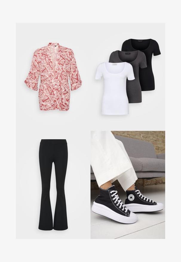Rote und weiße kimonoartige Jacke mit floralem und rankenartigem Muster, aus leichtem Stoff, offener Vorderseite und dreiviertellangen Ärmeln.; Drei figurbetonte T-Shirts in Weiß, Grau und Schwarz. Jedes hat einen weiten Rundhalsausschnitt und kurze Ärmel. Hergestellt aus glattem, elastischem Stoff.; Schwarze, ausgestellte Hosen aus dehnbarem Material mit hohem Bund und glatter Textur. Die Hose weitet sich ab dem Knie.; Schwarze High-Top-Sneaker mit weißen Gummisohlen und Schnürsenkeln. Verfügt über ein rundes Logo-Patch und kontrastierende weiße Nähte. Aus Canvas-Material.