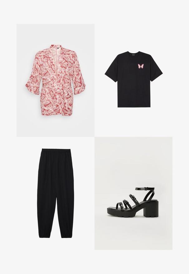Červená a biela kimono štýlová bunda so vzorom kvetov a viniča, ľahká tkanina, otvorený predný diel a trojštvrťové rukávy.; Čierne bavlnené tričko s krátkymi rukávmi, s malým ružovým motýlikom na ľavej hrudi. Design s okrúhlym výstrihom a uvoľneným strihom.; Čierne, ľahké nohavice s elastickým pásom a zúženými nohavicami. Tkanina je hladká a má voľný, zúžený strih.; Čierne platformové sandále s masívnou, rýhovanou podrážkou. Obsahujú viacero tenkých popruhov a nastaviteľný členkový pracku, s lesklou textúrou.