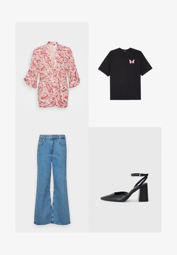 Punane ja valge kimono stiilis jakk, millel on lille- ja viinapattern, kerge kangas, avatud esiosa ja kolmveerandvarrukad.; Must muströöpidega must puuvillane T-särk, vasakul rinnal on väike roosa liblikas. Ümar kaelus ja vabalt istuv lõige.; Heledad sinine flared teksade rõivad, millel on kõrge talje, viis taskut ja üks nupulukk. Pehme tekstuur ja pleekinud viimistlus.; Mustmustest must-käigukingad, millel on konksuga nöör ja paks konts. Ühtlane tekstuur, stiilne disain ja minimalistlik esteetika.