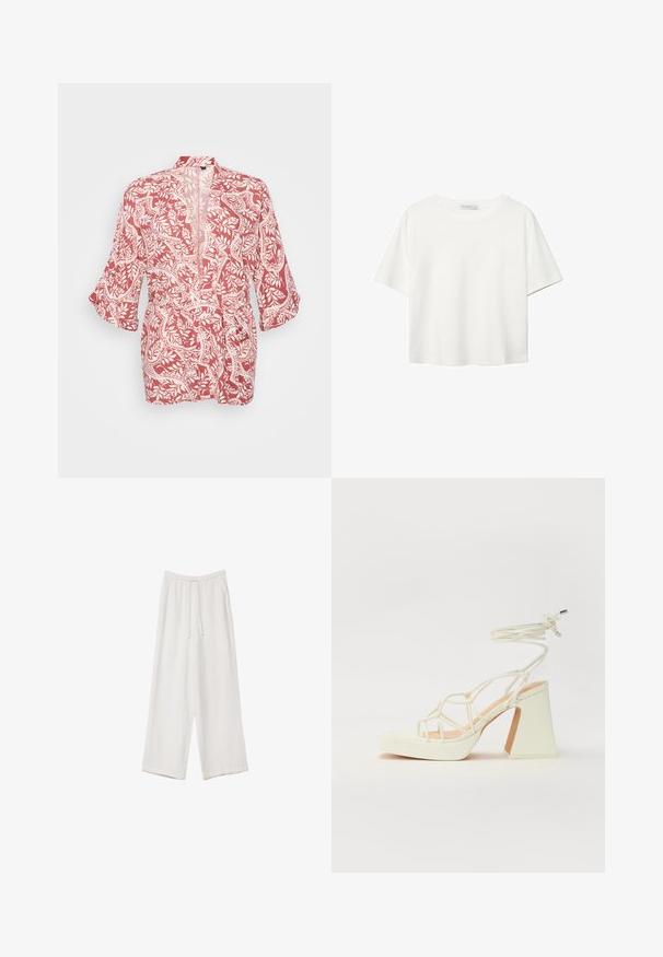 Rote und weiße kimonoartige Jacke mit floralem und rankenartigem Muster, aus leichtem Stoff, offener Vorderseite und dreiviertellangen Ärmeln.; Weißes T-Shirt mit kurzen Ärmeln aus Baumwolle. Hat einen Rundhalsausschnitt und eine lockere Passform. Glatte Textur ohne sichtbare Muster oder Akzente.; Weiße weit geschnittene Hose aus leichtem Stoff. Mit einem elastischen Bund und Kordelzug sowie Seitentaschen. Glatte Textur.; Weiße High-Heel-Sandale mit einem klobigen Absatz, die über ein Riemchendesign und ein Knöchelband verfügt. Glatte Textur mit einer Plattform vorne für zusätzliche Höhe.