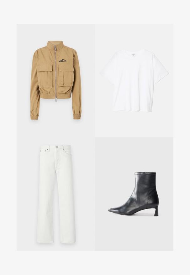 Veste beige cintrée avec un col haut, fermeture éclair à l'avant et deux grandes poches poitrine, dotée de poignets élastiques et d'un logo sur le côté gauche.; T-shirt en coton blanc avec des manches courtes, un col rond, une coupe décontractée et un ourlet cousu. Étiquette visible à l'intérieur du col.; Jean en denim blanc avec une coupe droite, un design à cinq poches et des accents en métal sur la ceinture et les poches.; Bottine en cuir noir avec un bout pointu et un design épuré. Présente un petit talon et une fermeture éclair à l'arrière. Texture lisse.