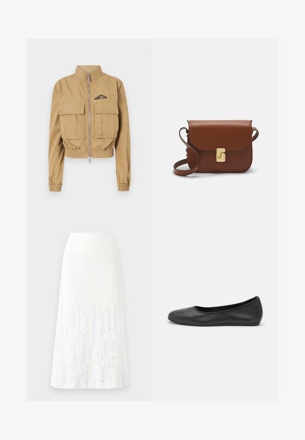 Lyhennetty beige takki, jossa on korkea kaulus, edessä vetoketju ja kaksi suurta rintataskua. Takissa on elastiset hihansuut ja logo vasemmalla puolella.; Valkoinen lyhythihainen t-paita, joka on valmistettu ribbytedusta kankaasta. Pyöreä pääntiie, normaali istuvuus ja hienovaraiset ompeluyksityiskohdat. Ei kuvioita tai grafiikkaa.; Neule valkoinen midimittainen hame, jossa on teksturoitu kuvio, jossa on pystysuoria viivoja ja aukkoja helmassa. Joustava vyötärö. Pehmeä materiaali.; Musta nahkainen ballerina, jossa on pyöristetty kärki, sileä pinta, minimaalinen ommelkoristelu ja joustava pohjamuotoilu.; Ruskea nahkainen käsilaukku, jossa on läppäkiinnitys, kultasävyiset yksityiskohdat, olkahihna ja sileä pinta. Kompaktin suorakaiteen muotoinen.