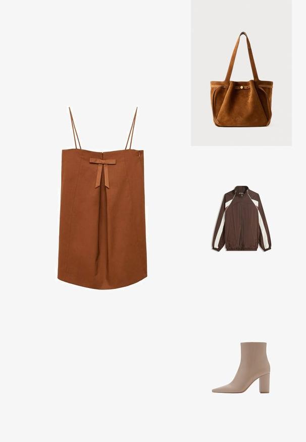Jachetă căptușită maro cu dungi în formă de V alb și vișiniu pe mâneci, mansete elastice și două buzunare frontale.; Rochie marron fără mâneci, cu bretele subțiri, plisat frontal și fundă decorativă la talie, lungime până la genunchi cu fermoar lateral.; Botine bej până la gleznă, cu vârf ascuțit, realizate din material neted, având un toc bloc transparent și un design minimalist.; Geantă tote din suede maro, cu mânere duale, un sistem de închidere cu buton și o formă relaxată, ușor căzută.
