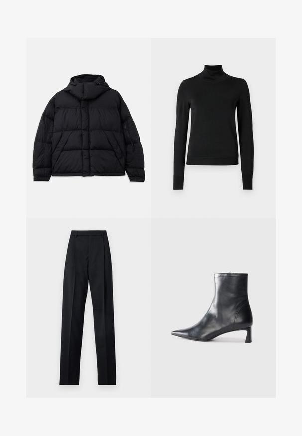 Zwarte pufferjack met capuchon, voorzien van een gevoerd textuur, een voorklep en een ritssluiting aan de zijkanten. Ontworpen met een losse snit.; Zwarte trui met lange mouwen en col, voorzien van geribde manchetten en zoom, weergegeven op een effen witte achtergrond.; Zwarte broek gemaakt van gladde stof met een hoge taille, wijde benen, voorplooien en klassieke ceintuurlussen. Geen zijzakken zichtbaar.; Zwarte leren enkellaars met een spitse neus en een slank ontwerp. Heeft een lage hak en een ritssluiting aan de achterkant. Gladde textuur.