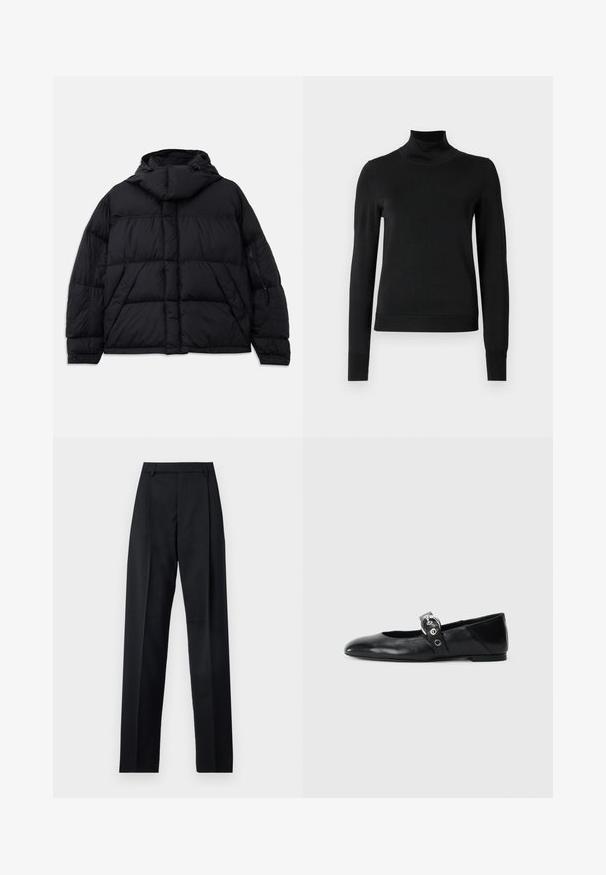Črna puhovka s kapuco, ki ima quiltano teksturo, sprednji žep in zadrgo na stranskih žepih. Oblikovana je v ohlapni silhueti.; Črni pulover s dolgimi rokavi in vratnikom, z rebrastimi манжетами in robom, prikazan na enobarvni beli podlagi.; Črne hlače iz gladkega materiala, ki imajo visok pas, široke noge, sprednje nabore in klasične zanke za pas. Nevidni stranski žepi.; Črne usnjene baletne balerinke s koničastim nosom, ki imajo trak z okroglo kovinsko zaponko in ravno podplat.