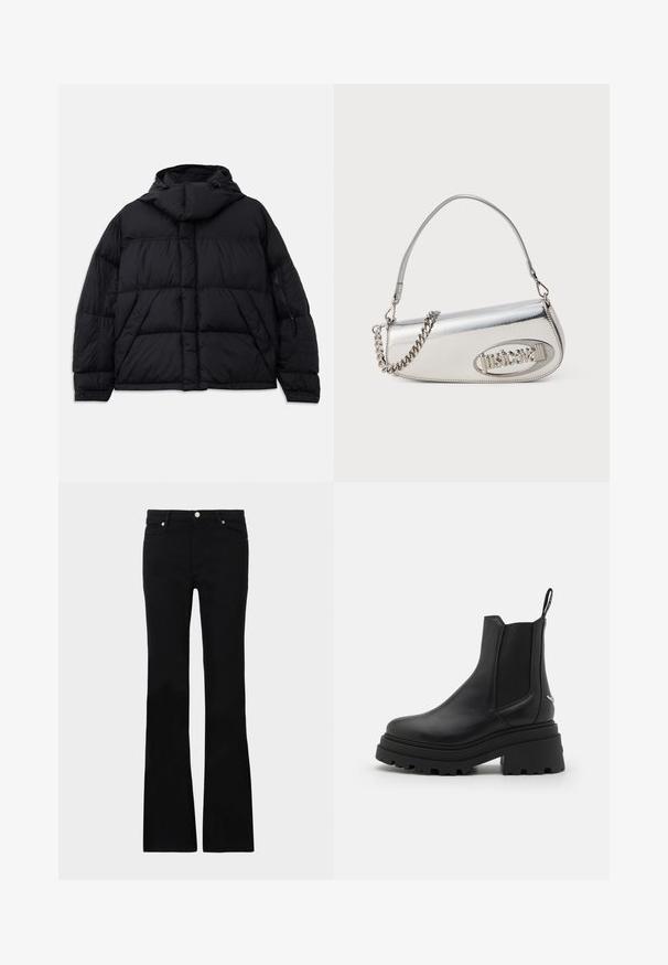 Čierna prešívaná bunda s kapucňou, s prešitým vzorom, prednou kapsou a bočnými vreckami na zips. Navrhnutá s voľným siluetom.; Rukávová blúzka v kombinácii modrých, hnedých a krémových abstraktných vzorov. Mäkká látka s priliehavým strihom a vysokým golierom.; Čierne rozšírené džínsy vyrobené z denimu, s dvoma prednými vreckami, zapínaním na gombík a hladkým povrchom. Viditeľné podpisové šitie na švoch.; Čierne chelsea čižmy vyrobené z hladkej kože s elastickými bočnými panelmi, hrubou, ryhovanou gumovou podrážkou a pútkom vzadu.; Strieborná metalická kabelka s okrúhlo trojuholníkovým tvarom, s logom, reťazovým popruhom a hladkou textúrou. Zips na bočnej strane.