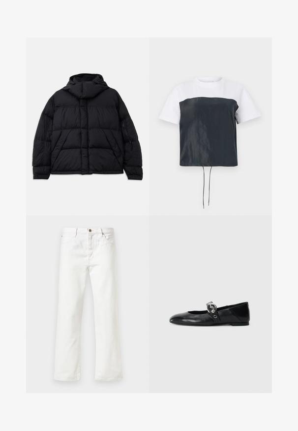 Sort dunjakke med hætte, prydet med quiltet tekstur, en frontlomme og lynlåslommer på siden. Designet med en løs silhuet.; Kortærmet cropped T-shirt med en hvid bomuldsøvre og en mørkegrå, blank polyester nederdel med justerbar snor i kanten.; Hvide denim jeans med lige ben, der har knaplukning og fem lomme-design. Glat tekstur og minimal detaljer.; Sorte læder balletflade med spids tå, udstyret med en rem med en cirkulær metallisk spænde og en flad sål.