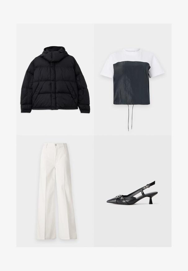 Svart puffjacka med huva, med quiltat mönster, en ficka fram och blixtlåsfickor på sidorna. Designad med en lös siluett.; Kortärmad, kort T-shirt med en vit bomullsdel nertill och en mörkgrå, blank polyesterunderdel med en justerbar dragsko i nederkant.; Vita vida-byxor gjorda av bomull med en slät textur. Har en framknapp, gylf med dragkedja och fyra fickor.; Svart lädersko med slingback-design, spetsig tå, dekorativa remmar med metallöglor och en låg klack. Texturerad yta.