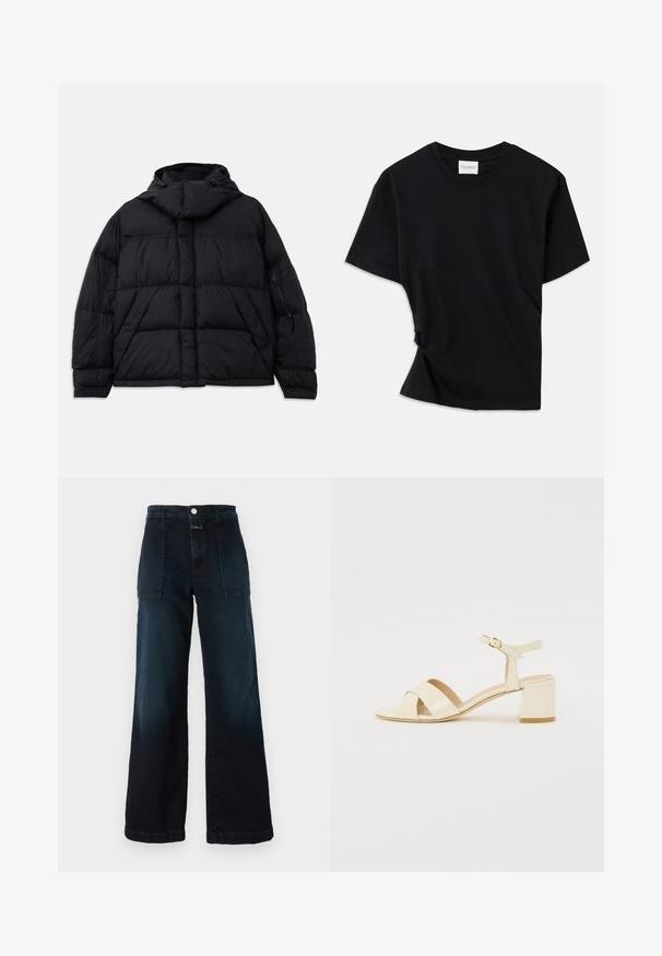 Black puffer jacket with a hood, featuring quilted texture, a front pocket, and zippered side pockets. Designed with a loose silhouette.; Black t-shirt made of soft cotton, featuring a crew neckline, short sleeves, and a slightly twisted design for a relaxed fit.; Dark blue wide-leg jeans made of denim, featuring a high waist, front pockets, and a front button closure. Smooth texture with a slight fade.; Beige patent leather heeled sandals with cross strap design, open toe, adjustable ankle strap, and a block heel. Smooth texture.