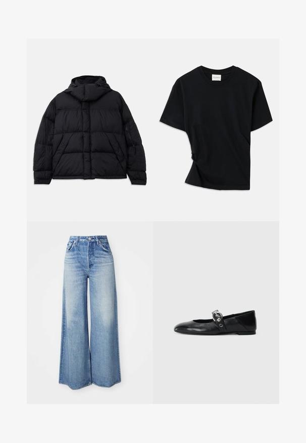Giacca a vento nera con cappuccio, caratterizzata da una texture trapuntata, una tasca frontale e tasche laterali con zip. Progettata con una silhouette ampia.; Maglietta nera realizzata in morbido cotone, con colletto a girocollo, maniche corte e un design leggermente torcigliato per una vestibilità rilassata.; Jeans a gamba larga in denim azzurro chiaro, con vita alta, design a cinque tasche, lavaggio sbiadito e orlo sfilacciato.; Ballerine in pelle nera con punta appuntita, dotate di una fascia con una fibbia metallica circolare e suola piatta.