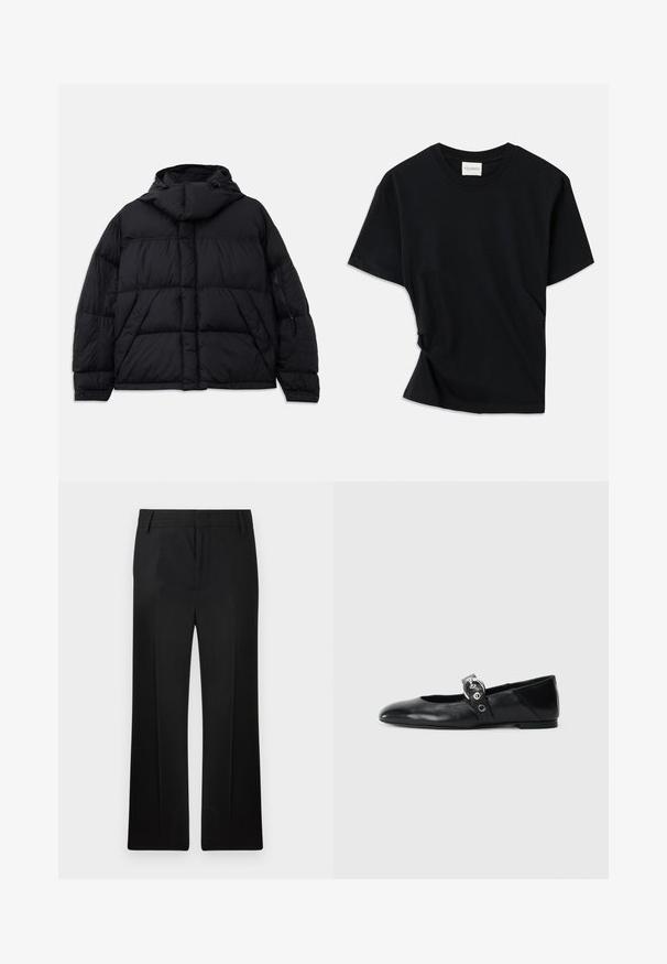 Giacca a vento nera con cappuccio, caratterizzata da una texture trapuntata, una tasca frontale e tasche laterali con zip. Progettata con una silhouette ampia.; Maglietta nera realizzata in morbido cotone, con colletto a girocollo, maniche corte e un design leggermente torcigliato per una vestibilità rilassata.; Pantaloni neri, design a gamba dritta, realizzati in tessuto liscio. Presentano pieghe frontali discrete e una vita piatta con passanti per cintura.; Ballerine in pelle nera con punta appuntita, dotate di una fascia con una fibbia metallica circolare e suola piatta.