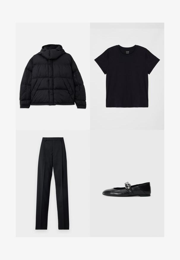 Schwarze Daunenjacke mit Kapuze, mit gestepptem Design, einer Fronttasche und seitlichen Taschen mit Reißverschluss. Entworfen mit einer lockeren Silhouette.; Schwarzes Kurzarm-T-Shirt aus weicher Baumwolle. Klassisches Rundhalsausschnitt-Design mit einer einfachen, ungeschmückten Oberfläche und einem lockeren Schnitt.; Schwarze Hosen aus glattem Stoff mit hoher Taille, weitem Bein, vorderen Falten und klassischen Gürtelschlaufen. Keine sichtbaren Seitentaschen.; Schwarze Ballettflat mit spitzer Spitze, ausgestattet mit einem Riemen und einer runden, metallischen Schnalle sowie einer flachen Sohle.
