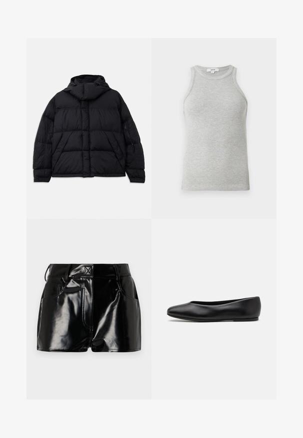 Czarna kurtka puchowa z kapturem, z pikowaną fakturą, przednią kieszenią oraz zapinanymi na zamek kieszeniami bocznymi. Zaprojektowana w luźnym kroju.; Szary prążkowany T-shirt na ramiączkach o dopasowanym kroju, z szerokimi wycięciami na ramionach i okrągłym dekoltem. Wykonany z miękkiej bawełnianej tkaniny o gładkiej fakturze.; Czarne, błyszczące spodenki wykonane z materiału syntetycznego. Posiadają dopasowaną talię, szlufki na pasek oraz przednie kieszenie z wyraźnymi detalami stębnowania.; Paul Smith TOPANGA czarny