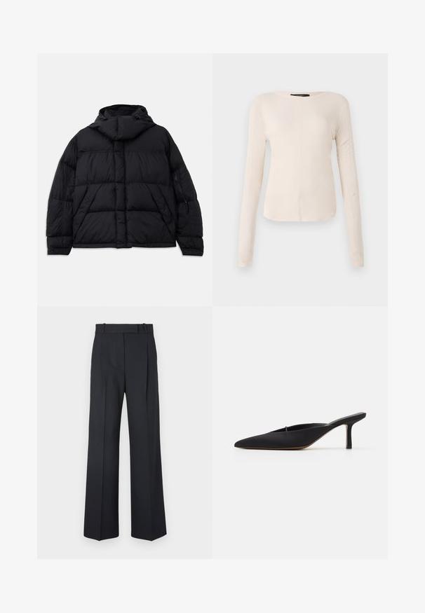 Black puffer jacket with a hood, featuring quilted texture, a front pocket, and zippered side pockets. Designed with a loose silhouette.; Long-sleeve, light beige top with a round neckline. Made of soft fabric, features a central seam and slightly curved hem. No visible hardware.; Dark blue pinstriped trousers with a high waist, wide leg design, and no visible hardware or embellishments. Smooth texture and tailored fit.; Black pointed-toe mule with a sleek design, made of smooth fabric, featuring a slender heel and open back for easy wear.