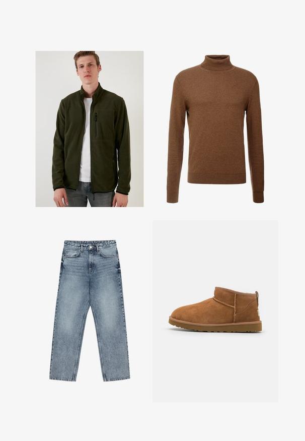 Zielona polarowa kurtka z wysokim kołnierzem, zamykanymi na zamek kieszeniami i gładką fakturą. Posiada czarne zamki błyskawiczne oraz dopasowany krój.; Brązowy sweter z wysokim kołnierzem, wykonany z miękkiego materiału, z długimi rękawami, ściągaczami na mankietach oraz dopasowanym krojem bez widocznych wzorów.; Jasnoniebieskie dżinsy z prostymi nogawkami, widocznym przeszyciem, pięcioma kieszeniami oraz zapięciem na guzik w talii.; Beżowe zamszowe botki za kostkę z okrągłym noskiem, subtelnymi detalami przeszyć oraz teksturowaną gumową podeszwą. Niskie, bez sznurówek.