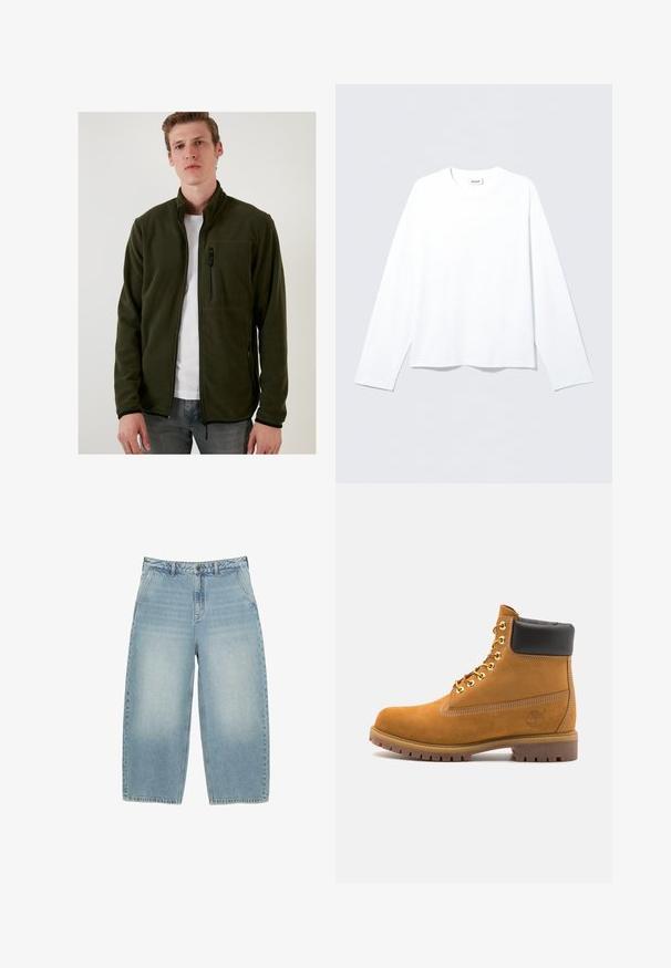 Zeleni flis jakna z visokim ovratnikom, žepi z zadrgo in gladko teksturo. Ima črne zadrge in prilagojen dizajn.; Bela majica z dolgimi rokavi iz mehkega blaga, z okroglim izrezom in ohlapnim krojem. Gladek tekstura brez vzorcev ali poudarkov.; Svijetloplavi traper široki traperice s visokim strukom, jednostavnog dizajna, s blagim izbleđivanjem i ravnim krojem. Imaju zatvaranje na gumbe sprijeda i petlje za remen.; Svetlo rjave anklne čizme iz semiša z črnim oblazinjenim ovratnikom, zlatimi kovinskimi očesci, belimi šivi in robustnim gumijastim podplatom s izrazitimi tredi.